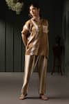 Buy_MYST Designs_Beige Modal Satin Stripe Collared Embellished Pocket Shirt With Pant _at_Aza_Fashions