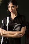 MYST Designs_Black Modal Satin Stripe Collared Embellished Pocket Shirt And Pant Set _Online_at_Aza_Fashions