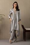 Buy_MYST Designs_Grey Modal Satin Bead V Neck Asymmetric Tunic With Pant _at_Aza_Fashions