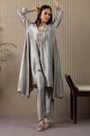 Shop_MYST Designs_Grey Modal Satin Bead V Neck Asymmetric Tunic With Pant _at_Aza_Fashions