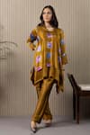 Shop_MYST Designs_Yellow Modal Satin Tie Dye Cowl Neck Tunic And Pant Set _at_Aza_Fashions