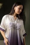 MYST Designs_Purple Modal Satin Hand Embroidered 3d Floral Notched Tunic With Trousers _Online_at_Aza_Fashions