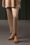 MYST Designs_Beige Moss Crepe Hand Embroidered Pearl Notched Floral Cape With Trousers _Online_at_Aza_Fashions