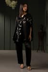 Shop_MYST Designs_Black Moss Crepe Hand Embroidered Pearl Notched And Stone Cape With Trousers _at_Aza_Fashions