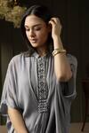 Shop_MYST Designs_Grey Chignon Hand Embroidered Beads Mandarin French Knot Kaftan With Pant _Online_at_Aza_Fashions