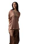 Buy_MYST Designs_Brown Modal Satin Hand Embroidered Beads Notched Pleated Top With Dhoti Pant _Online_at_Aza_Fashions