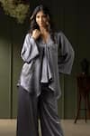 Shop_MYST Designs_Grey Satin Chiffon Hand Embroidered Beads V-neck Kaftan Tunic With Pant _at_Aza_Fashions