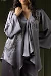 Shop_MYST Designs_Grey Satin Chiffon Hand Embroidered Beads V-neck Kaftan Tunic With Pant _Online_at_Aza_Fashions