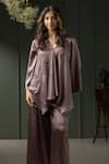 Shop_MYST Designs_Purple Satin Chiffon Hand Embroidered Beads Leaf Motif Kaftan Tunic With Pant _at_Aza_Fashions