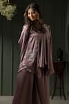 MYST Designs_Purple Satin Chiffon Hand Embroidered Beads Leaf Motif Kaftan Tunic With Pant _Online_at_Aza_Fashions