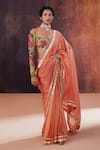 Buy_AFFROZ_Peach Tissue Silk Embellished Gota Sweetheart Neck Border Saree With Blouse _at_Aza_Fashions