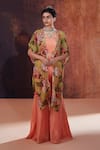 Buy_AFFROZ_Peach Tissue Silk Printed Floral Jacket Open Sharara Set _at_Aza_Fashions