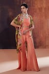 Buy_AFFROZ_Peach Tissue Silk Printed Floral Jacket Open Sharara Set _Online_at_Aza_Fashions