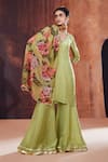 Buy_AFFROZ_Green Tissue Silk Printed Floral V Neck Neckline Embroidered Kurta Sharara Set _at_Aza_Fashions