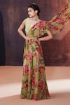 Buy_AFFROZ_Green Natural Crepe Printed Floral Blunt V Neck Lehenga Saree With Blouse _at_Aza_Fashions