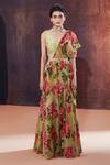 Shop_AFFROZ_Green Natural Crepe Printed Floral Blunt V Neck Lehenga Saree With Blouse _Online_at_Aza_Fashions