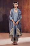 Buy_AFFROZ_Blue Tissue Silk Jacquard Woven Polka Dot Blunt V Neck Panelled Kurta Set _at_Aza_Fashions