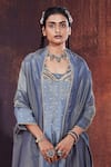 Buy_AFFROZ_Blue Tissue Silk Jacquard Woven Polka Dot Blunt V Neck Panelled Kurta Set _Online_at_Aza_Fashions