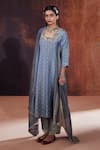 AFFROZ_Blue Tissue Silk Jacquard Woven Polka Dot Blunt V Neck Panelled Kurta Set _at_Aza_Fashions