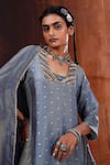 Buy_AFFROZ_Blue Tissue Silk Jacquard Woven Polka Dot Blunt V Neck Panelled Kurta Set 