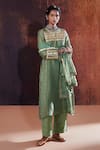 Buy_AFFROZ_Green Tissue Silk Jacquard Embroidery Sequin Round Yoke Kurta Set _at_Aza_Fashions