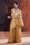 Buy_AFFROZ_Gold Tissue Silk Embellished Lace Plunge V Embroidered A-line Kurta Sharara Set _at_Aza_Fashions