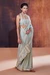 Shop_AFFROZ_Blue Tissue Silk Embroidery Cutdana Halter Neck Border Saree With Blouse _Online_at_Aza_Fashions