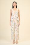 Samyukta Singhania_Off White Cotton Viscose Printed Garden V-neck Jacket And Pant Set _at_Aza_Fashions