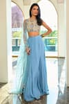 Buy_Chamee and Palak_Grey Georgette Embroidered Zardozi High Eva Blouse Lehenga Set _at_Aza_Fashions