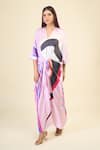 Samyukta Singhania_Pink Soft Satin Silk Print Abstract V-neck Tie Up Kaftan _at_Aza_Fashions