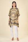 Samyukta Singhania_Gold French Moss Print Royal Round Short Kaftan _at_Aza_Fashions