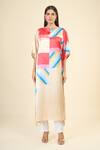 Samyukta Singhania_Beige Soft Satin Silk Print Abstract Boat Neck Sunshine Geometric Kaftan _Online_at_Aza_Fashions