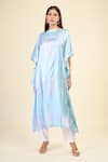 Samyukta Singhania_Blue Soft Silk Crepe Print Abstract Boat Neck Wildflower Stripe Kaftan _Online_at_Aza_Fashions