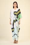 Samyukta Singhania_Green Silk Crepe Printed Linear V-neck Belted Kaftan Dress _Online_at_Aza_Fashions