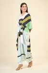 Buy_Samyukta Singhania_Green Silk Crepe Printed Linear V-neck Belted Kaftan Dress _Online_at_Aza_Fashions