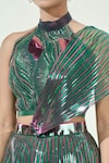 Buy_Amit Aggarwal_Emerald Green Mesh Embellished Metallic Stripes Lehenga Halter Blouse Set _Online_at_Aza_Fashions