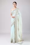 Buy_Anamika Khanna_Blue Chanderi Embroidered Floral Saree With Unstitched Blouse Piece _at_Aza_Fashions