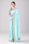 Buy_Anamika Khanna_Blue Embroidered Floral Mukaish Saree With Unstitched Blouse Piece _at_Aza_Fashions