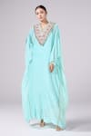 Buy_Anamika Khanna_Blue Net Embroidered Floral Kaftan V Neck Embellished Yoke _at_Aza_Fashions