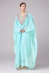 Anamika Khanna_Blue Net Embroidered Floral Kaftan V Neck Embellished Yoke _Online_at_Aza_Fashions