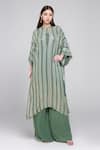 Buy_Nakul Sen_Green 100% Silk Chiffon Embroidered Sequins Kaftan Round Striped Palazzo Set _at_Aza_Fashions