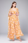 Arpita Mehta_Yellow Crepe Silk Printed Sand And Toasted Blouse Mango & Floral Cape Pant Set _Online_at_Aza_Fashions