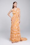 Buy_Arpita Mehta_Yellow Printed Floral Plunged V Pre-draped Ruffle Saree With Blouse _at_Aza_Fashions