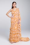 Arpita Mehta_Yellow Printed Floral Plunged V Pre-draped Ruffle Saree With Blouse _Online_at_Aza_Fashions