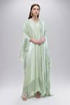 Buy_Arpita Mehta_Green Silk Solid V Neck Fringed Kaftan Kurta Set _at_Aza_Fashions