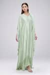 Arpita Mehta_Green Silk Solid V Neck Fringed Kaftan Kurta Set _Online_at_Aza_Fashions