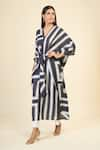 Samyukta Singhania_Black French Moss Print Stripe V-neck Geometric Tie Up Kaftan _Online_at_Aza_Fashions