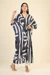 Buy_Samyukta Singhania_Black French Moss Print Stripe V-neck Geometric Tie Up Kaftan _Online_at_Aza_Fashions