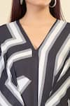 Samyukta Singhania_Black French Moss Print Stripe V-neck Geometric Tie Up Kaftan _at_Aza_Fashions