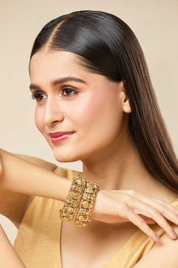 Buy_Nazaakat By Samara Singh_Gold Plated Stones Carved Laxmi Jadau Bangles-Set of 2 _at_Aza_Fashions